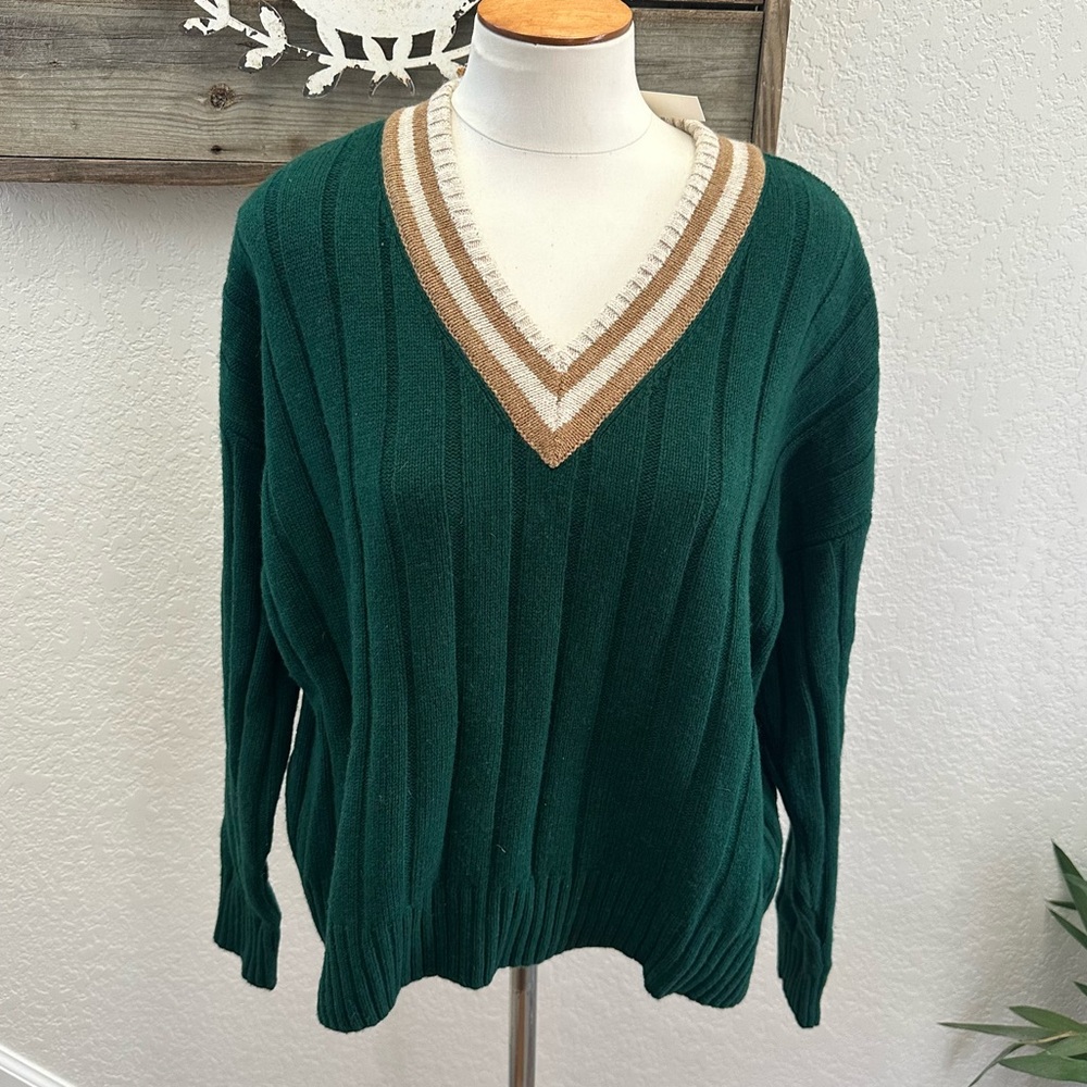 Madewell Tipped green v-neck sweater wool blend‎ ladies size M NWT